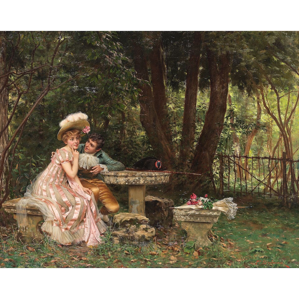 Frederic Soulacroix (Italian, 1858-1914) A passionate rendez-vous: Frederic Soulacroix (Italian, 1858-1914) A passionate rendez-vous signed 'F.Soulacroix' (lower right) oil on canvas 64 x 81cm (25 3/16 x 31 7/8in). Footnotes: Provenance With Haynes Fine Art,