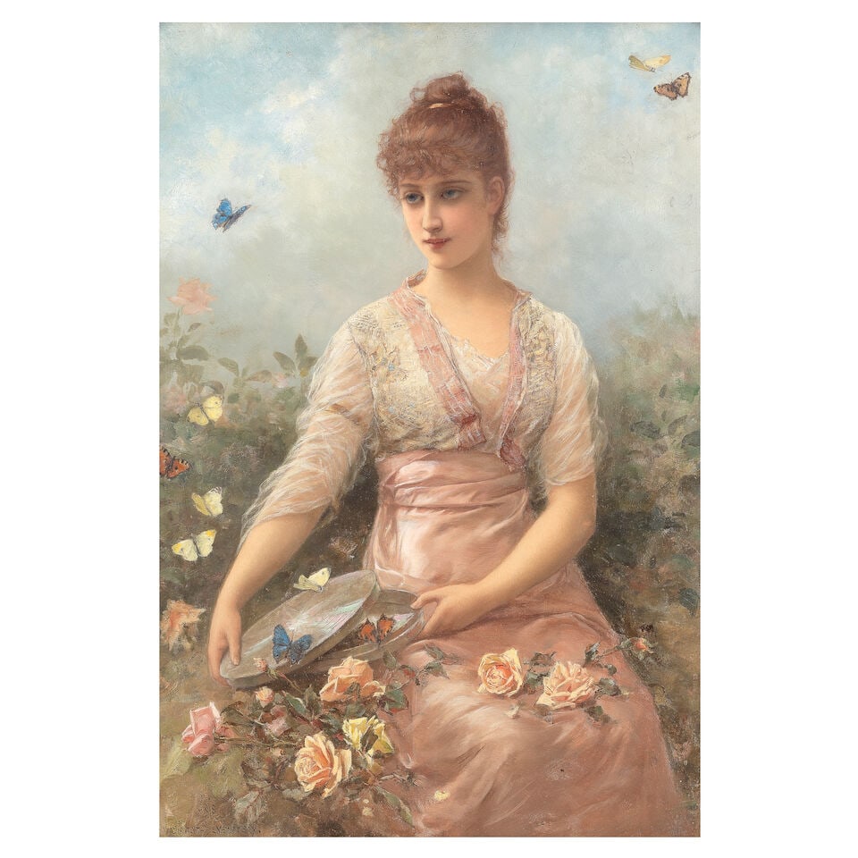 Emile Eisman-Semenowsky (Polish/French, 1857-1911) Young lady with roses and butterflies (1 of 3)