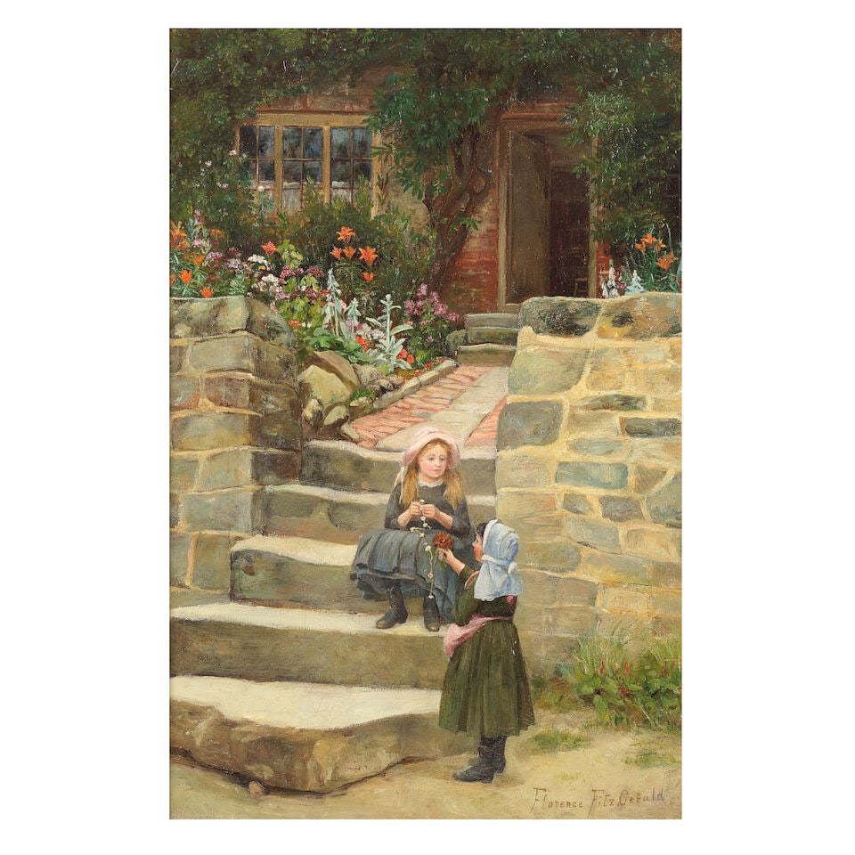 Florence Fitzgerald (British, 1857-1927) The daisy chain: Florence Fitzgerald (British, 1857-1927) The daisy chain signed 'Florence Fitzgerald' (lower right) oil on canvas 43 x 29cm (16 15/16 x 11 7/16in). Footnotes: Provenance Anon. sale, Sotheby's,