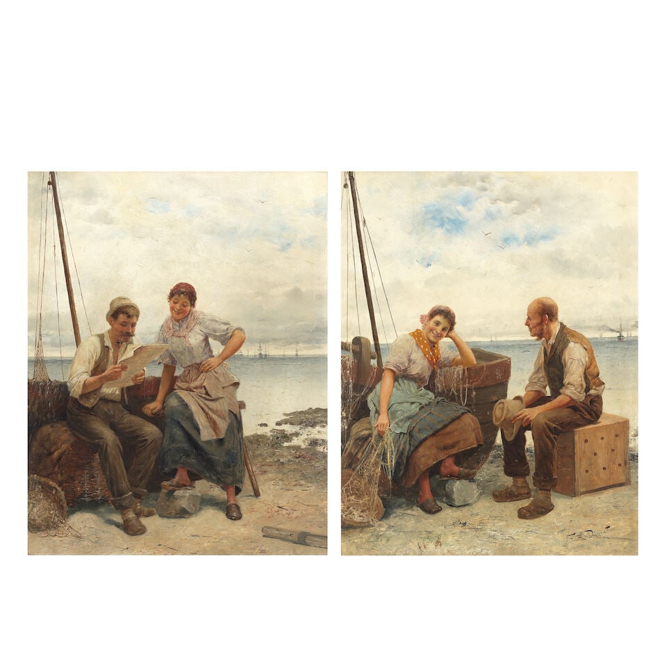 Frederick Reginald Donat (Belgian, 1830-1907) Awaiting the reply; Hearing the news: Frederick Reginald Donat (Belgian, 1830-1907) Awaiting the reply; Hearing the news a pair, both signed 'F R Donat' (lower right); both indistinctly inscribed (on remnants of labels attached to the