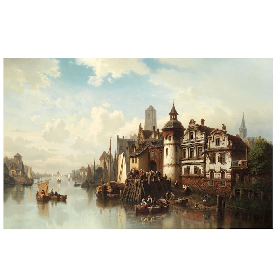 Hermann Meyerheim (German, 1849-1880) A bustling riverside town under a clearing sky: Hermann Meyerheim (German, 1849-1880) A bustling riverside town under a clearing sky signed 'H Meyerheim.' (lower right) oil on canvas 65.4 x 101.6cm (25 3/4 x 40in). This lot is subject to the
