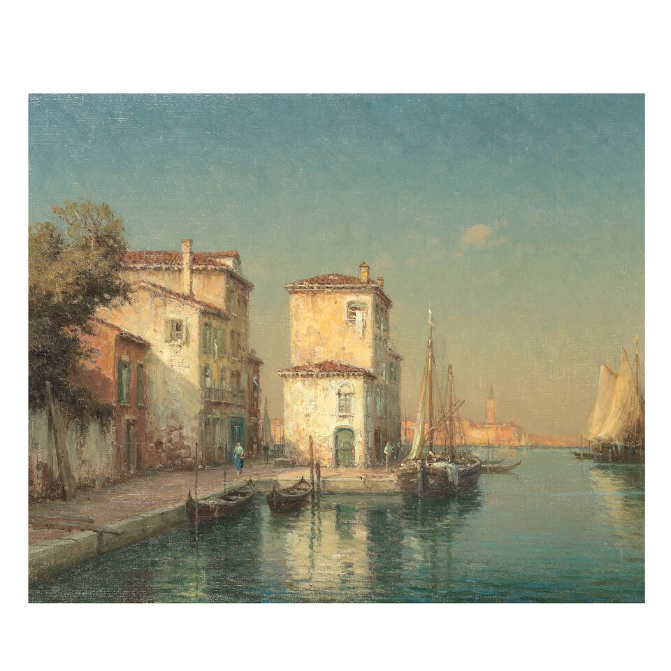 Antoine Bouvard (French, 1870-1956) A Venetian canal with St Marks in the distance (1 of 3)