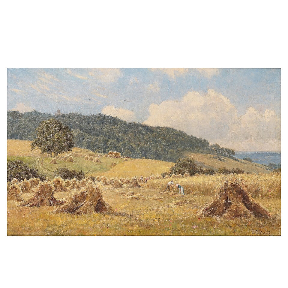 Edward Wilkins Waite, RBA (British, 1854-1924) Harvest on the downs: Edward Wilkins Waite, RBA (British, 1854-1924) Harvest on the downs signed 'E.W.Waite' (lower right) oil on canvas 24 x 39.5cm (9 7/16 x 15 1/2in). Footnotes: Provenance With Burlington Galleries,