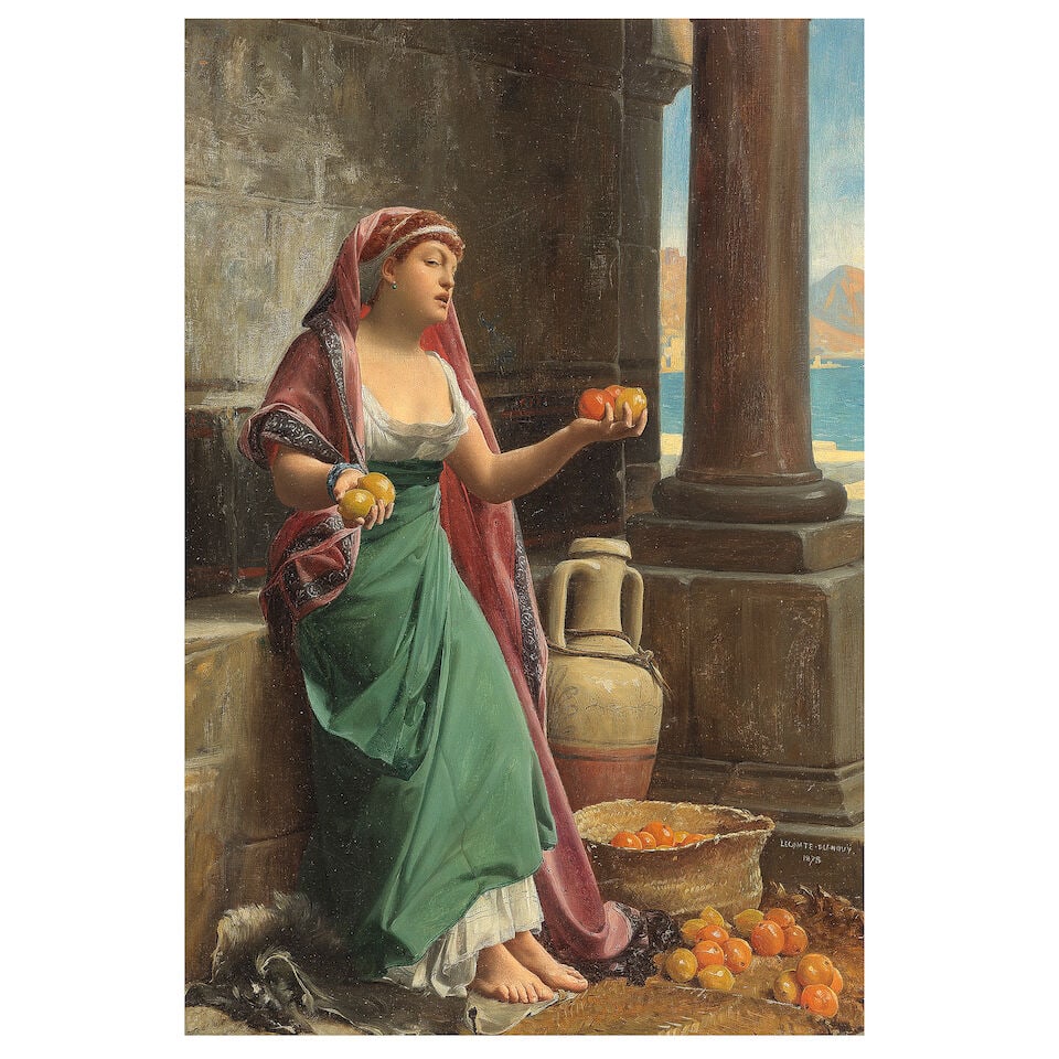 Jean Jules Antoine Lecomte Du Noüy (French, 1842-1923) The citrus seller: Jean Jules Antoine Lecomte Du Noüy (French, 1842-1923) The citrus seller signed and dated 'LECOMTE- DU NOUY/1878' (lower right) oil on canvas 56.5 x 38.5cm (22 1/4 x 15