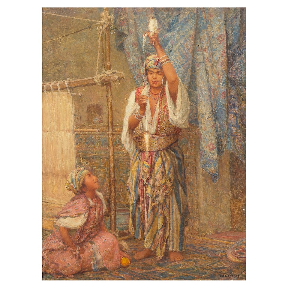 Attributed to Louis Auguste Girardot (French, 1856-1933) The tapestry makers: Attributed to Louis Auguste Girardot (French, 1856-1933) The tapestry makers bears signature (lower right) oil on panel 34.5 x 26.5 cm (13 9/16 x 10 7/16in). Footnotes: Provenance Anon. sale,
