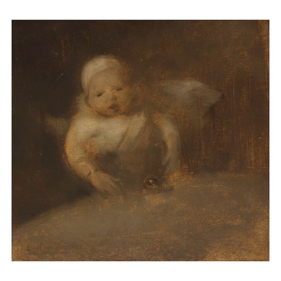 Eugène Carrière (French, 1849-1906) Enfant au hochet (Painted circa 1881-1883.): Eugène Carrière (French, 1849-1906) Enfant au hochet signed 'Eugene Carrière' (lower left) oil on board 32 x 34cm (12 5/8 x 13 3/8in). Painted circa