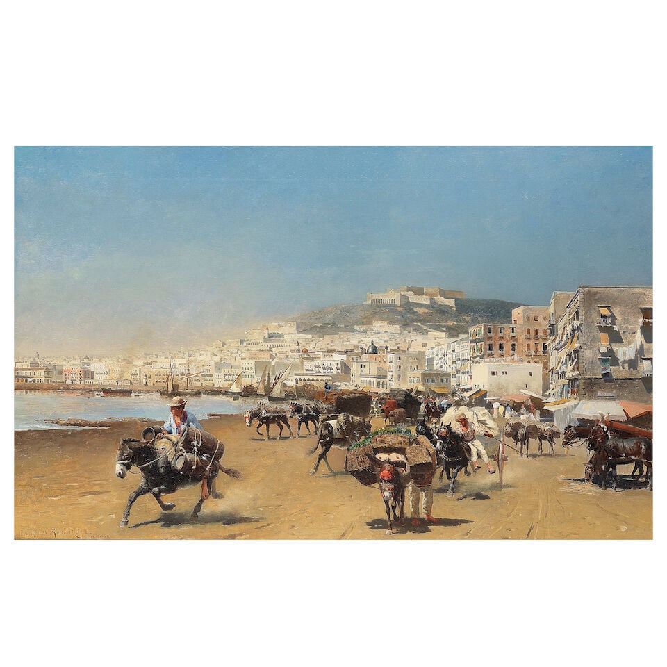 Paul Wilhelm Keller-Reutlingen (German, 1854-1920) Return from the market, Bay of Naples: Paul Wilhelm Keller-Reutlingen (German, 1854-1920) Return from the market, Bay of Naples signed and inscribed 'P WKeller-Reutlingen/Munchen' (lower left) oil on canvas 56 x 91cm (22 x 35