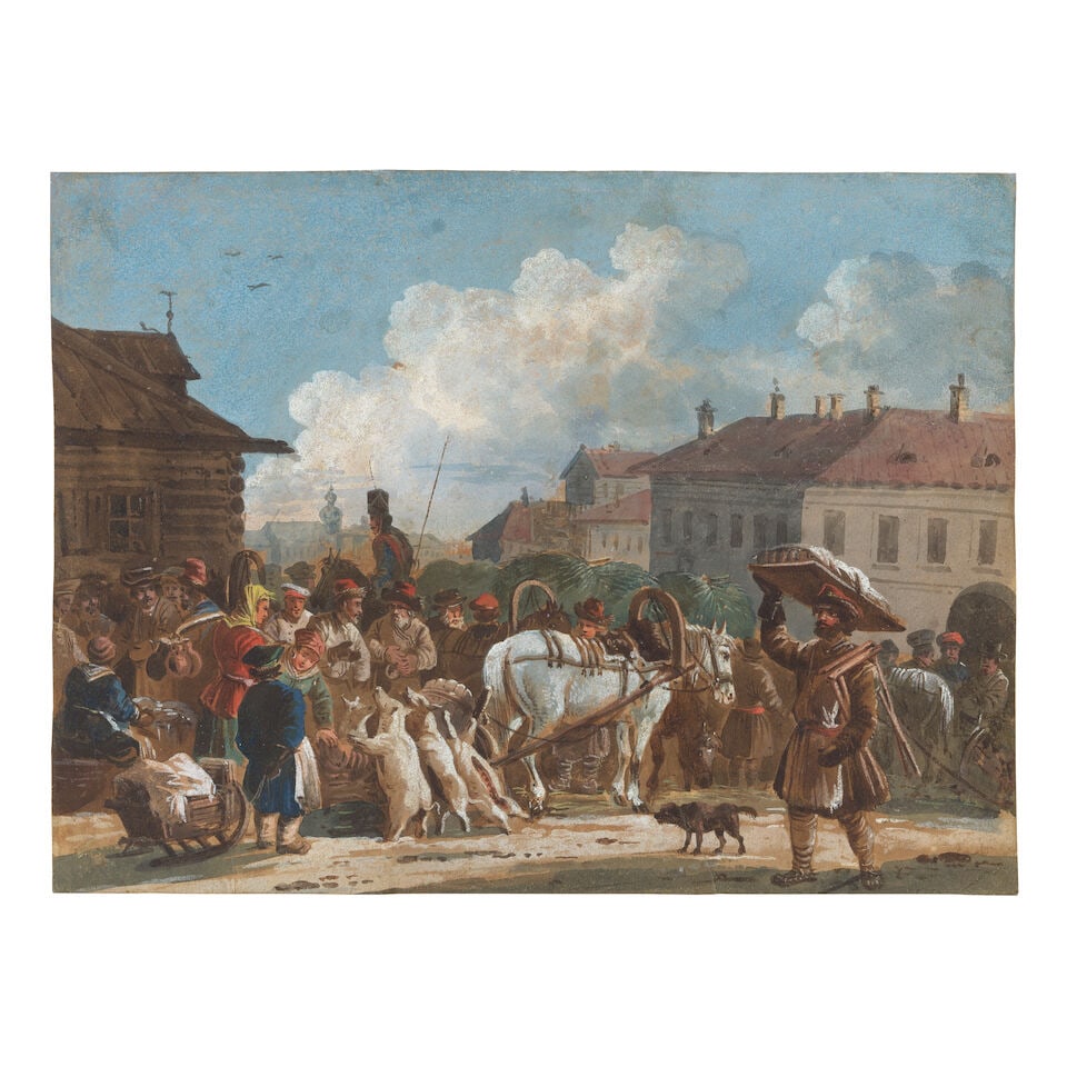 Aleksandr Osipovich Orlovsky (Polish/Russian, 1777-1832) Sennaya Square in St. Petersburg: Aleksandr Osipovich Orlovsky (Polish/Russian, 1777-1832) Sennaya Square in St. Petersburg inscribed 'Frozen Market St. Petersburg' and dated '1820' (on the reverse) gouache, watercolour pencil, ink an