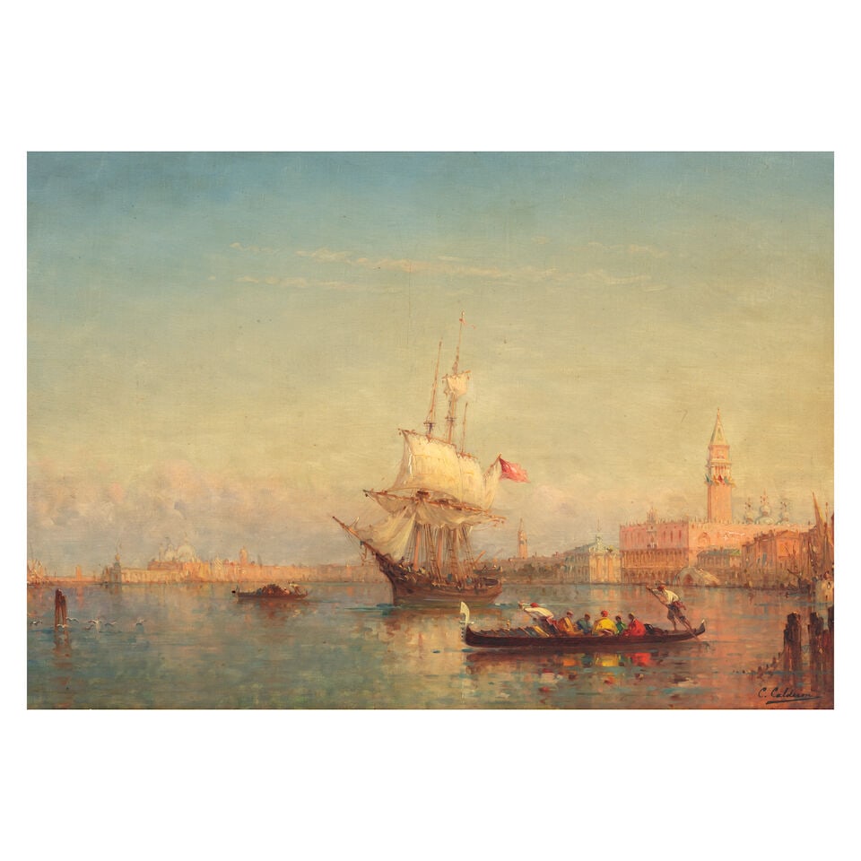 Charles Clément Calderon (French, 1870-1906) On the lagoons, Venice: Charles Clément Calderon (French, 1870-1906) On the lagoons, Venice signed 'C.Calderon' (lower right) oil on canvas 38 x 55cm (14 15/16 x 21 5/8in). Footnotes: Provenance With Frost & Reed,