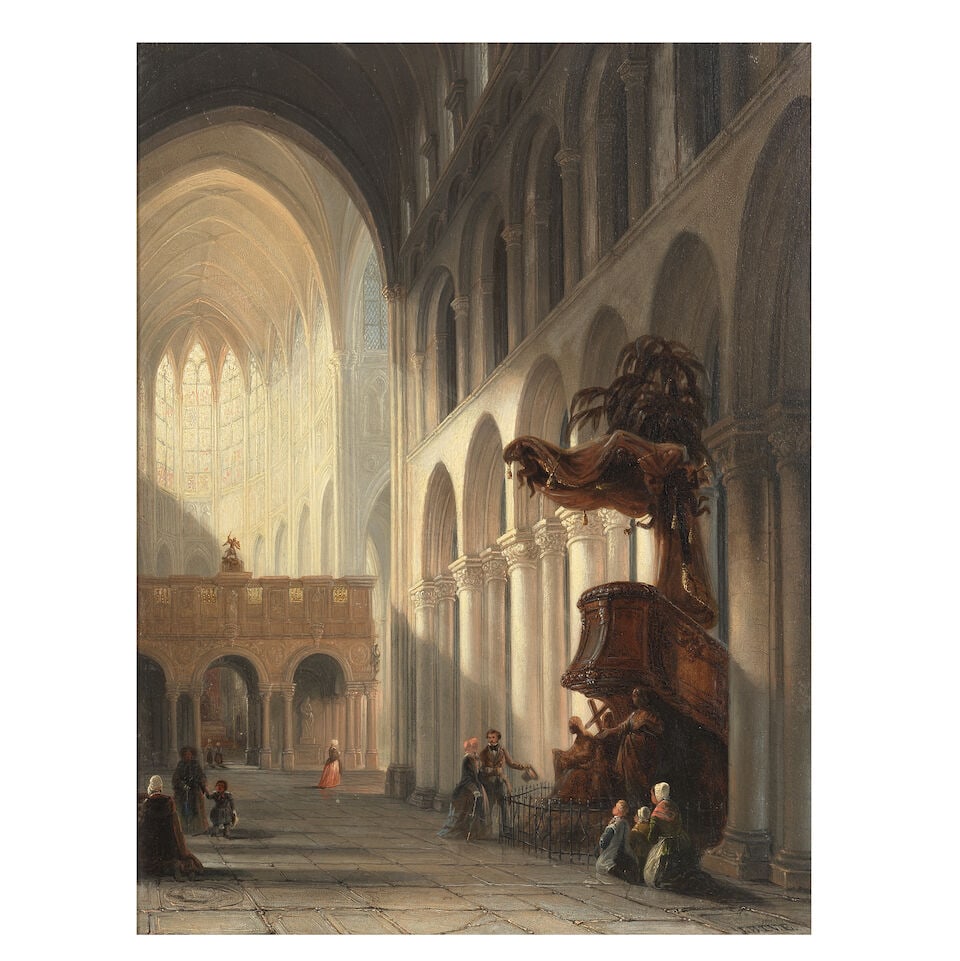 Jan Baptiste Tetar van Elven (Dutch, 1805-1879) Cathedral interior: Jan Baptiste Tetar van Elven (Dutch, 1805-1879) Cathedral interior signed with initials 'J.B.T.V.E' (lower right); further signed 'JB Tetar Van Elven' (on the reverse) oil on panel 41 x 31cm (16