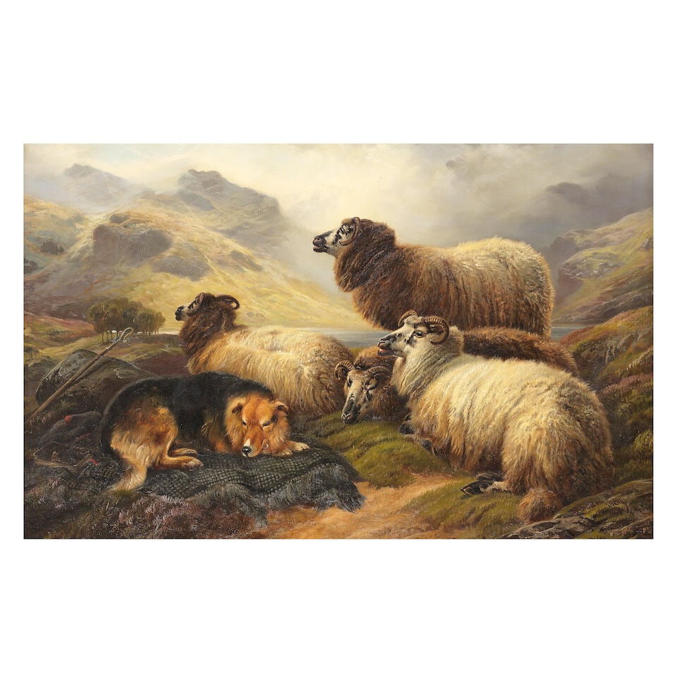 Robert Watson (British, 1865-1916) Guarding the flock: Robert Watson (British, 1865-1916) Guarding the flock signed and dated 'R.Watson/1899' (lower right) oil on canvas 61.5 x 91.5cm (24 3/16 x 36in). Footnotes: Provenance Anon. sale, Christie's,