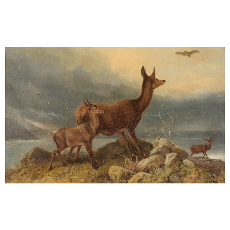 Richard Ansdell, RA (British, 1815-1885) Two deers and a stag in a landscape: Richard Ansdell, RA (British, 1815-1885) Two deers and a stag in a landscape signed and dated 'RAnsdell 1878' (lower right) oil on canvas 39 x 58cm (15 3/8 x 22 13/16in). Footnotes: We are grateful to