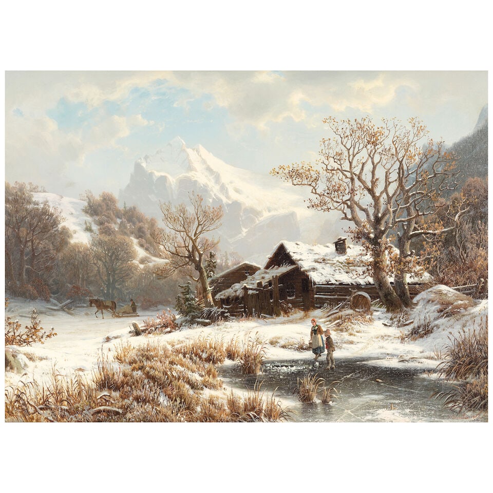 Johannes Bartholomäus Duntze (German, 1823-1895) Winter snow scene: Johannes Bartholomäus Duntze (German, 1823-1895) Winter snow scene signed and dated 'J Duntze 1855' (lower right) oil on canvas 38 x 53cm (14 15/16 x 20 13/16in). Footnotes: Provenance With