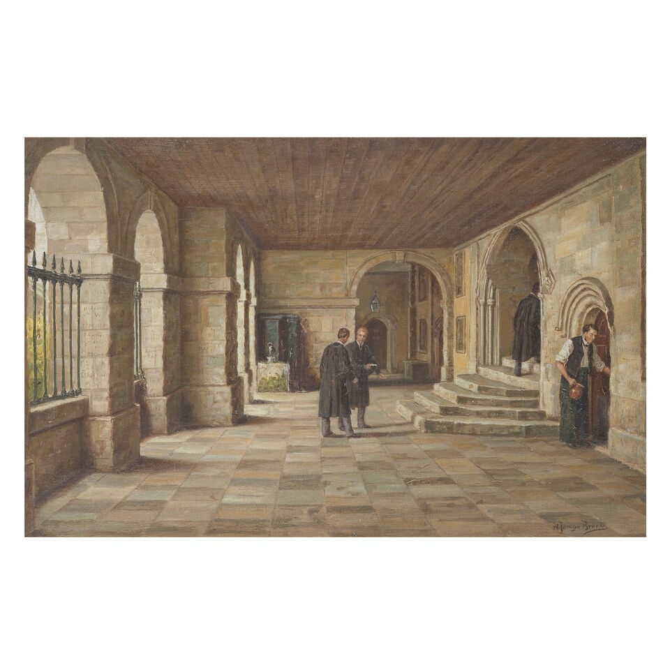 Henry Jamyn Brooks (British, 1865-1925) Cloisters and fountain at Eton: Henry Jamyn Brooks (British, 1865-1925) Cloisters and fountain at Eton signed 'HJamym Brooks' (lower right) oil on canvas 34 x 53cm (13 3/8 x 20 7/8in). For further information on this lot please