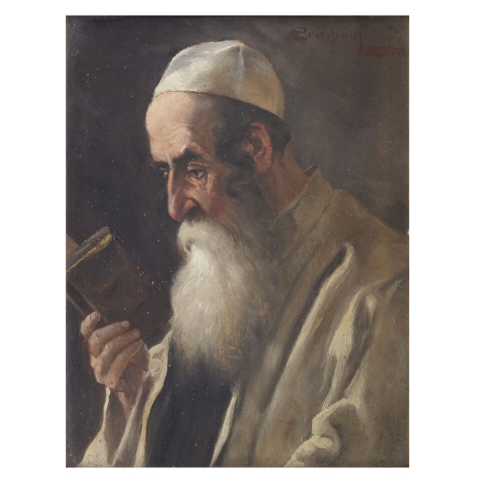 Alois Heinrich Priechenfried (Austrian, 1867-1953) Portrait of a rabbi: Alois Heinrich Priechenfried (Austrian, 1867-1953) Portrait of a rabbi signed 'Priechenfried' (upper right) oil on panel 12 x 9cm (4 3/4 x 3 9/16in). For further information on this lot please