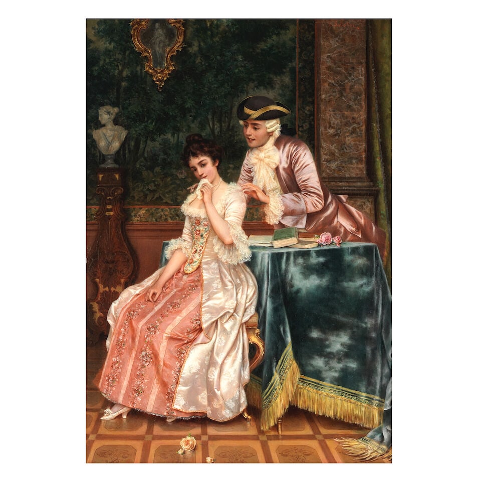 Luigi Sabatini (Italian, 1840-1895) A gentle touch: Luigi Sabatini (Italian, 1840-1895) A gentle touch signed 'L.Sabatini' (upper right) oil on canvas 70.8 x 50.8cm (27 7/8 x 20in). For further information on this lot please visit Bonhams.com For