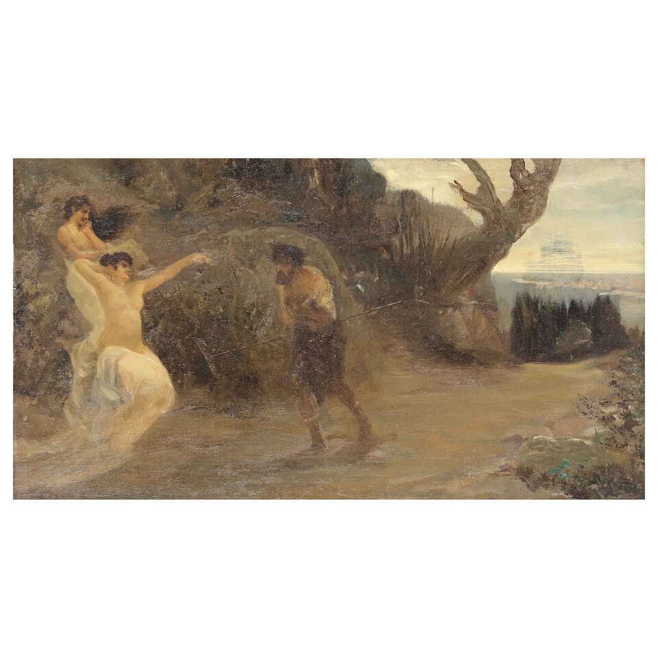 Isaak Lwowitsh Asknasij (Russian, 1856-1902) Odysseus meets Nausicaa: Isaak Lwowitsh Asknasij (Russian, 1856-1902) Odysseus meets Nausicaa inscribed in Cyrillic 'it's painted by my father Isaak Askanasij, A.Askanasij' (on the reverse) oil on canvas, laid on board 37 x