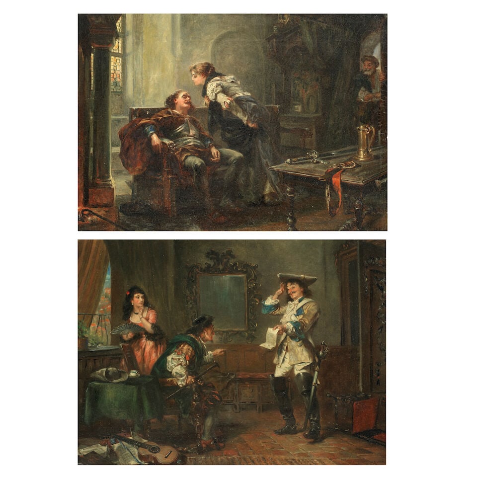 Robert Alexander Hillingford (British, 1828-1904) The tired warrior; The barber of Seville: Robert Alexander Hillingford (British, 1828-1904) The tired warrior; The barber of Seville both signed with monogram (the first lower right, the second lower left) oil on canvas each 31.1 x 37.5cm