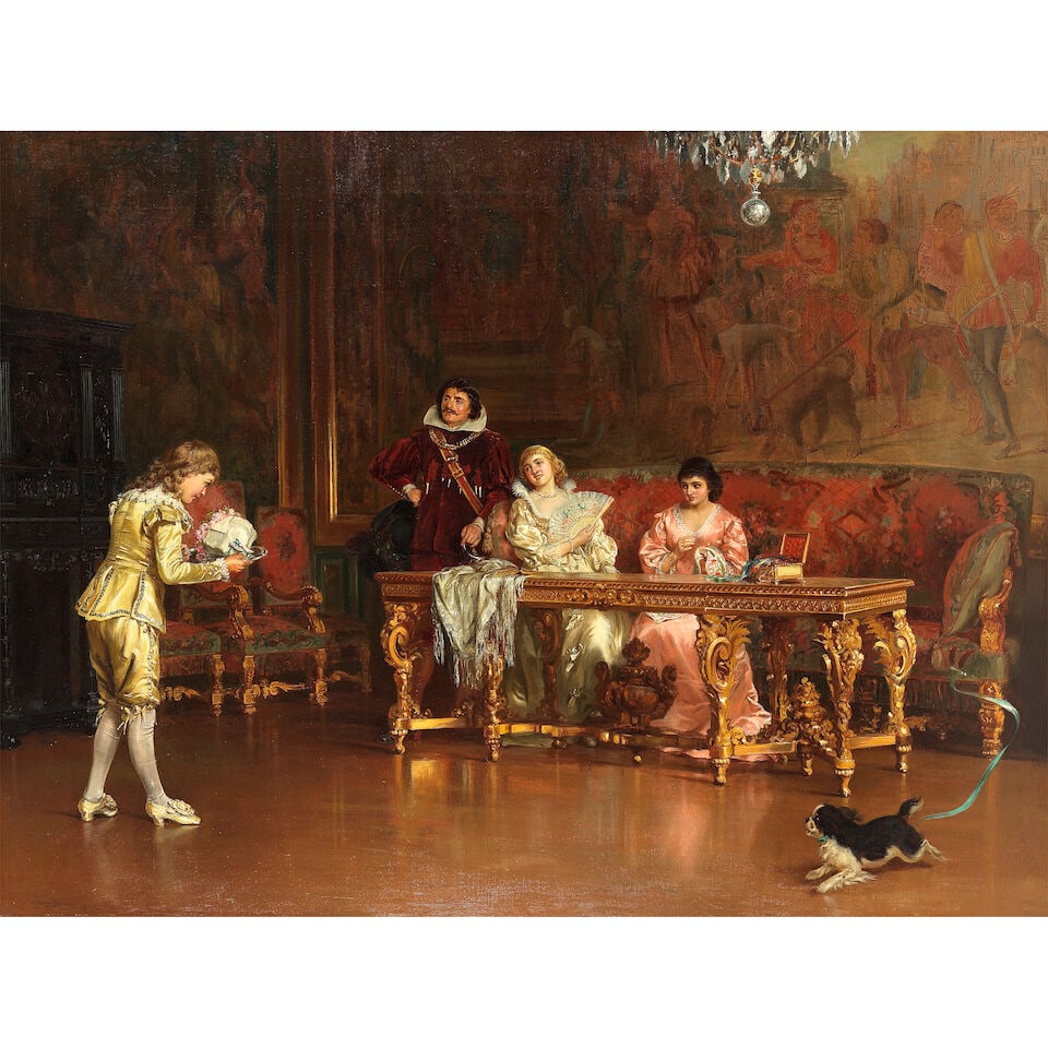 John Haynes Williams (British, 1836-1908) Two strings to her bow: John Haynes Williams (British, 1836-1908) Two strings to her bow signed and dated 'Haynes Williams 1883' (lower left) oil on canvas 92 x 122cm (36 1/4 x 48 1/16in). Footnotes: Provenance With John Noo