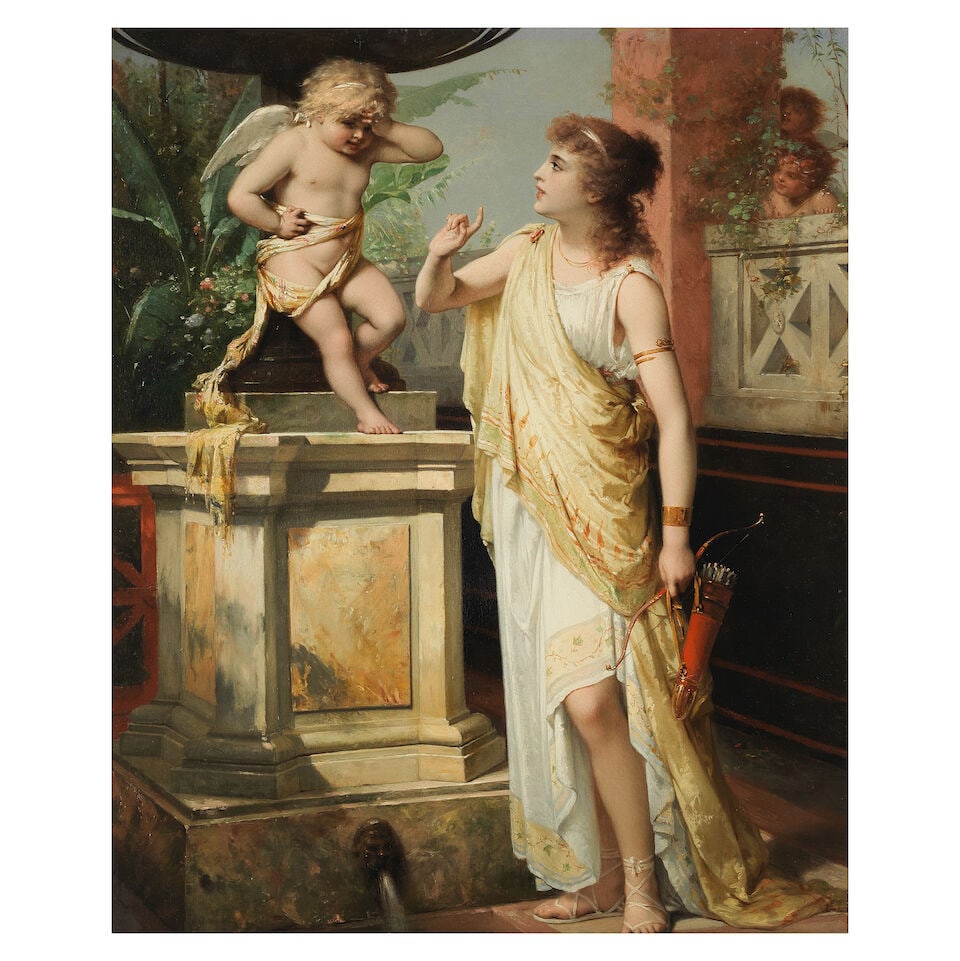 Attributed to Pierre Olivier Joseph Coomans (Belgian, 1816-1889) Artemis and Cupid: Attributed to Pierre Olivier Joseph Coomans (Belgian, 1816-1889) Artemis and Cupid bears signature (on the reverse) oil on canvas 61.9 x 51.8cm (24 3/8 x 20 3/8in). For further information on this