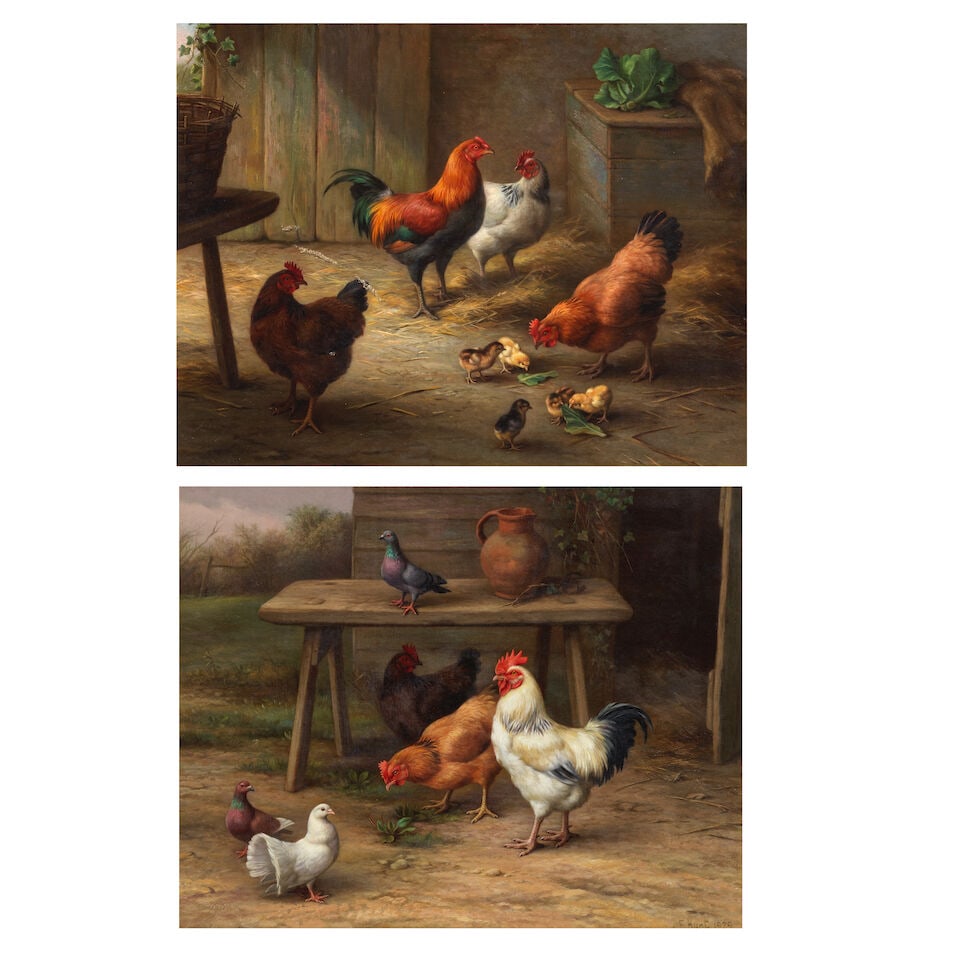 Edgar Hunt (British, 1876-1955) Mother's meeting; Morning gathering: Edgar Hunt (British, 1876-1955) Mother's meeting; Morning gathering a pair, one signed and dated 'E.Hunt 1929' (lower right) oil on canvas each 36 x 46cm (14 3/16 x 18 1/8in). (2) For further