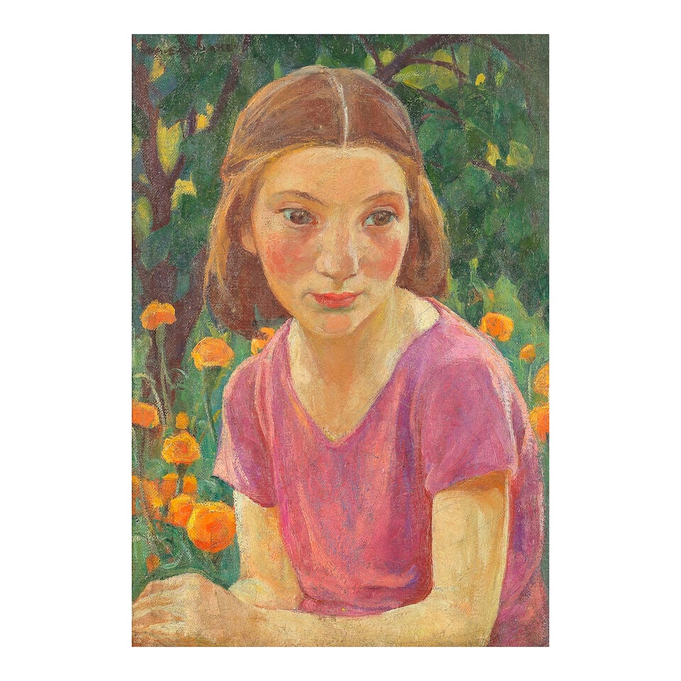 Mary Alexandra Eastlake (neé Bell) (Canadian, 1864-1951) In the garden: Mary Alexandra Eastlake (neé Bell) (Canadian, 1864-1951) In the garden inscribed with title and artist's address (on label attached to the stretcher) oil on canvas 35 x 25cm (13 3/4 x 9