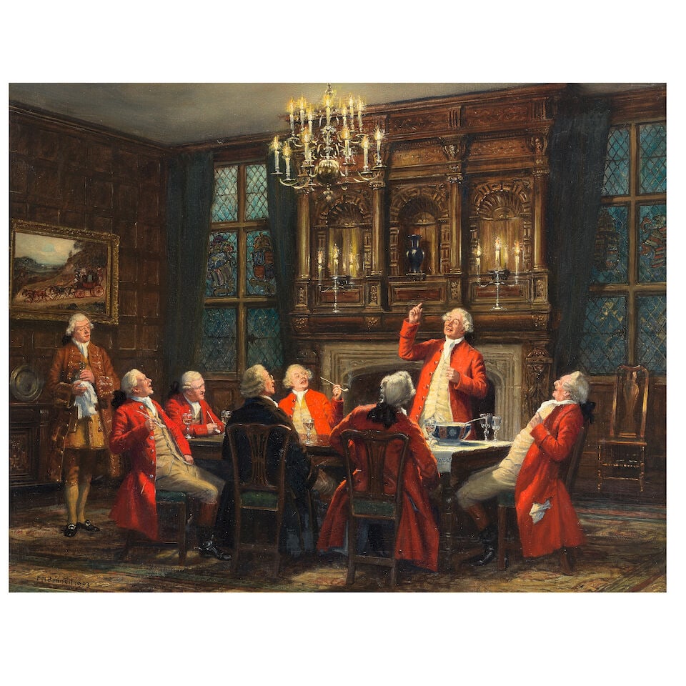 Frank Moss Bennett (British, 1874-1952) The toast: Frank Moss Bennett (British, 1874-1952) The toast signed and dated 'F M Bennett 1933' (lower left) oil on canvas 60 x 75cm (23 5/8 x 29 1/2in). Footnotes: Provenance With W. H. Patterson Fine Art