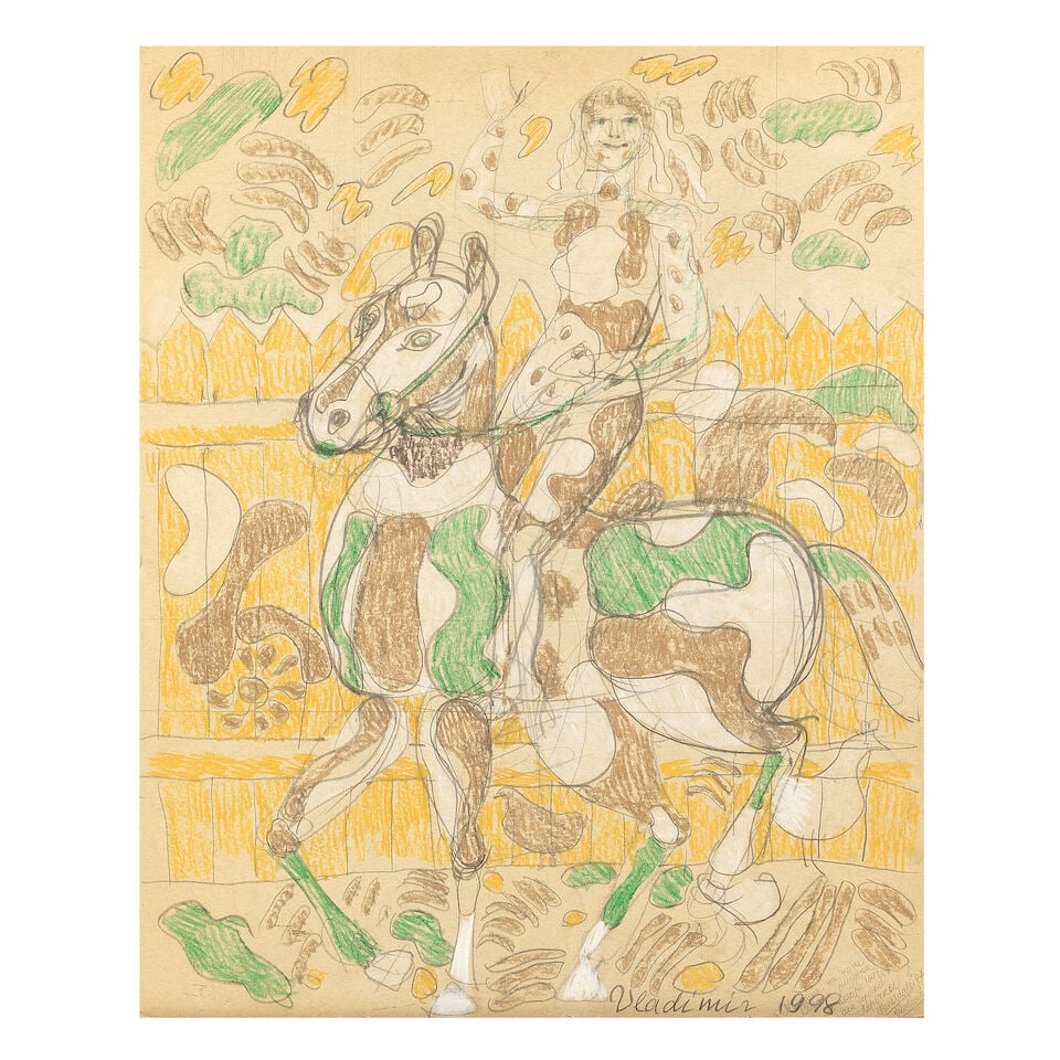 Vladimir Nekrasov (Russian/American, born 1938) Woman on a horse: Vladimir Nekrasov (Russian/American, born 1938) Woman on a horse signed in Latin and dated '1998'; further signed, titled and dedicated in Cyrillic (lower right) coloured pencils 82 x 63cm (32 5/16 x