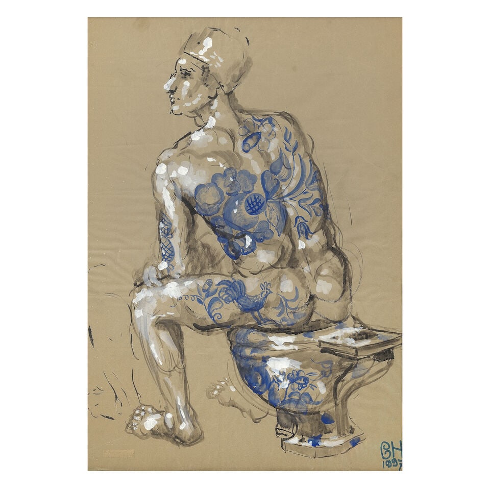 Vladimir Nekrasov (Russian/American, born 1938) Gzel: Vladimir Nekrasov (Russian/American, born 1938) Gzel signed with Cyrillic initials 'VN' and dated '1997' (lower right) watercolour and whitewash 75 x 44cm (29 1/2 x 17