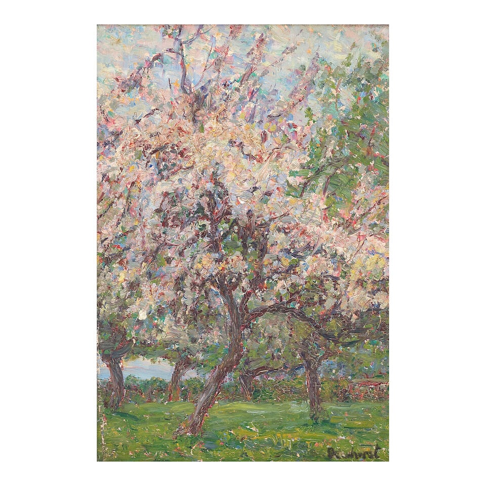 Wynford Dewhurst, RBA (British, 1864-1941) Blossoms in an orchard: Wynford Dewhurst, RBA (British, 1864-1941) Blossoms in an orchard signed 'Dewhurst' (lower right) oil on board 28 x 20cm (11 x 7 7/8in). For further information on this lot please visit