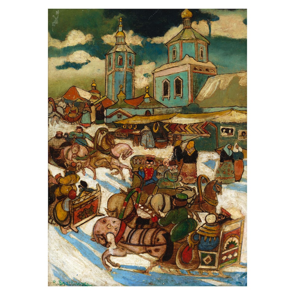 Leonid and Rimma Brailowsky (Ukranian, 1868-1937 & 1877-1959) The village fair: Leonid and Rimma Brailowsky (Ukranian, 1868-1937 & 1877-1959) The village fair signed in Latin (lower left); inscribed (on the reverse) oil on panel 38 x 27.5cm (14 15/16 x 10 13/16in). This lot