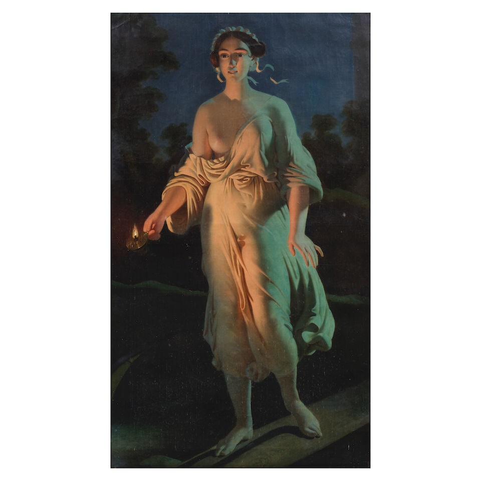 Circle of Andrei Franzowitsch Belloli (Russian/Italian, 1822-1881) A moonlight walk: Circle of Andrei Franzowitsch Belloli (Russian/Italian, 1822-1881) A moonlight walk oil on canvas 143 x 81.8cm (56 5/16 x 32 3/16in). This lot is subject to the following lot symbols: * * VAT on