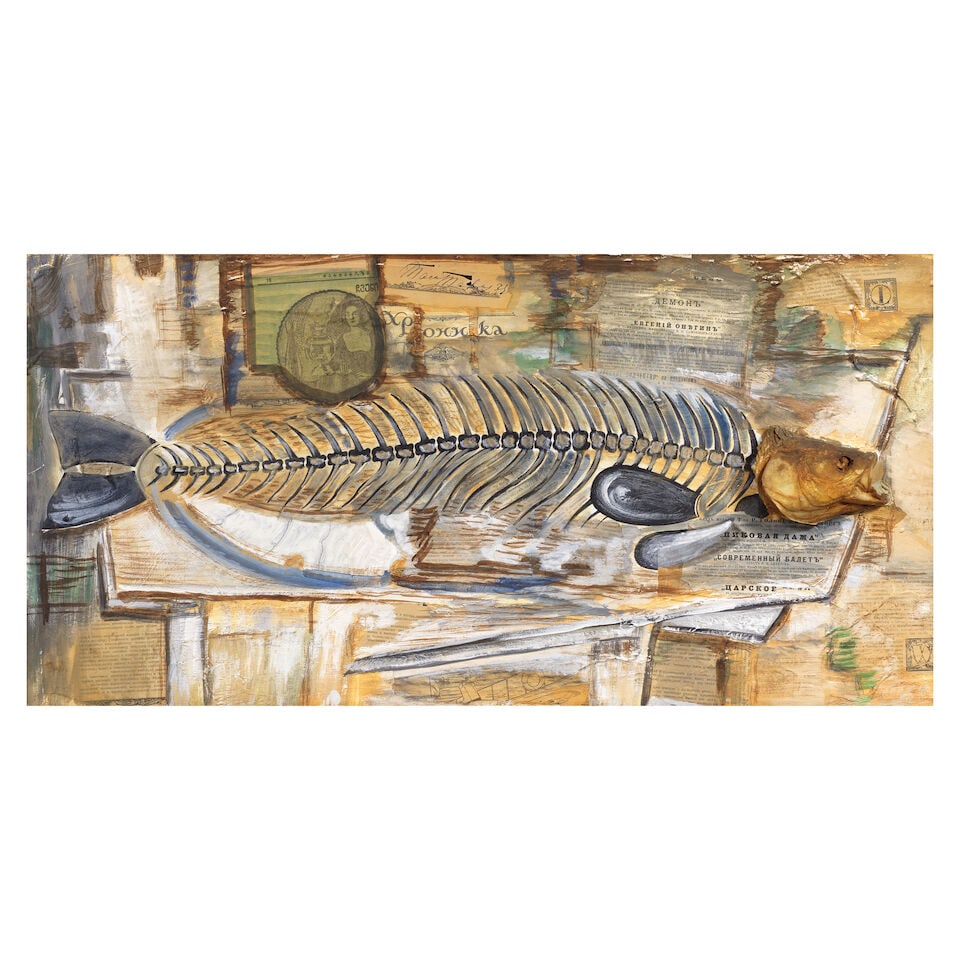 Avtandil Varazi (Georgian, 1926-1977) Still life with fish and Russian ephemera: Avtandil Varazi (Georgian, 1926-1977) Still life with fish and Russian ephemera signed in Georgian and dated '1975' (on the reverse) mixed media 44 x 88cm (17 5/16 x 34 5/8in). This lot is subject to