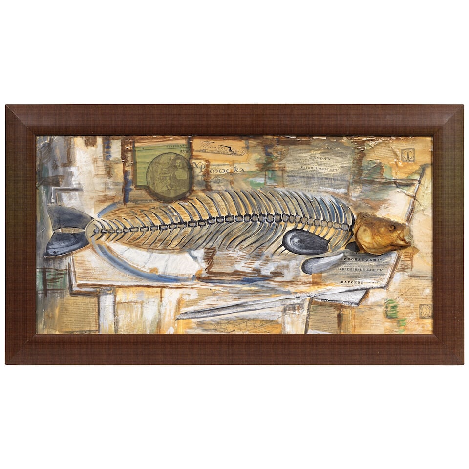 Avtandil Varazi (Georgian, 1926-1977) Still life with fish and Russian ephemera - 2