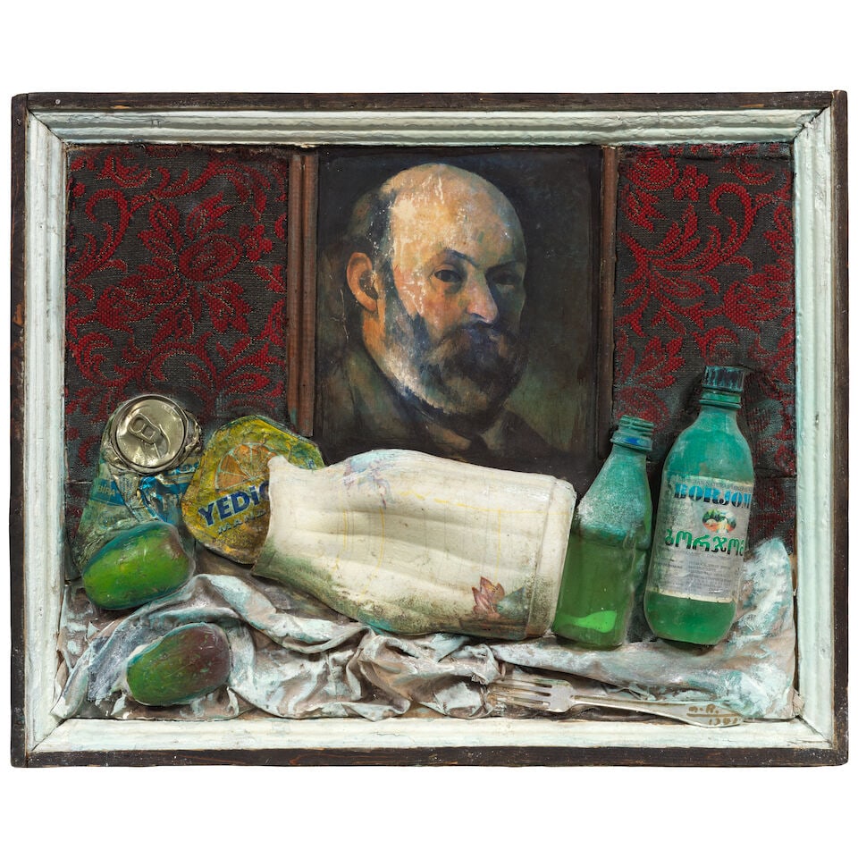 Otar Chkhartishvili (Georgian, 1938-2006) Still life with Paul Cézanne: Otar Chkhartishvili (Georgian, 1938-2006) Still life with Paul Cézanne signed with initials and dated '1981' (lower right); inscribed with dedication in Georgian (on the reverse) mixed media 51 x