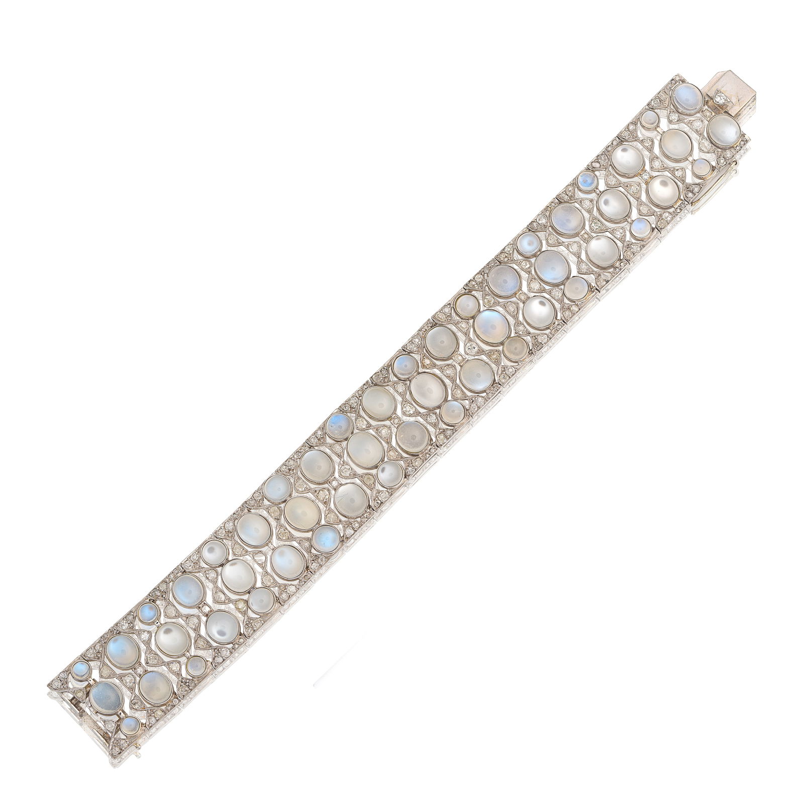 MOONSTONE AND DIAMOND BRACELET, CIRCA 1920: MOONSTONE AND DIAMOND BRACELET, CIRCA 1920 Of pierced design, set throughout with cabochon moonstones, highlighted with old brilliant, single and rose-cut diamonds, two diamonds deficient, length 17.5
