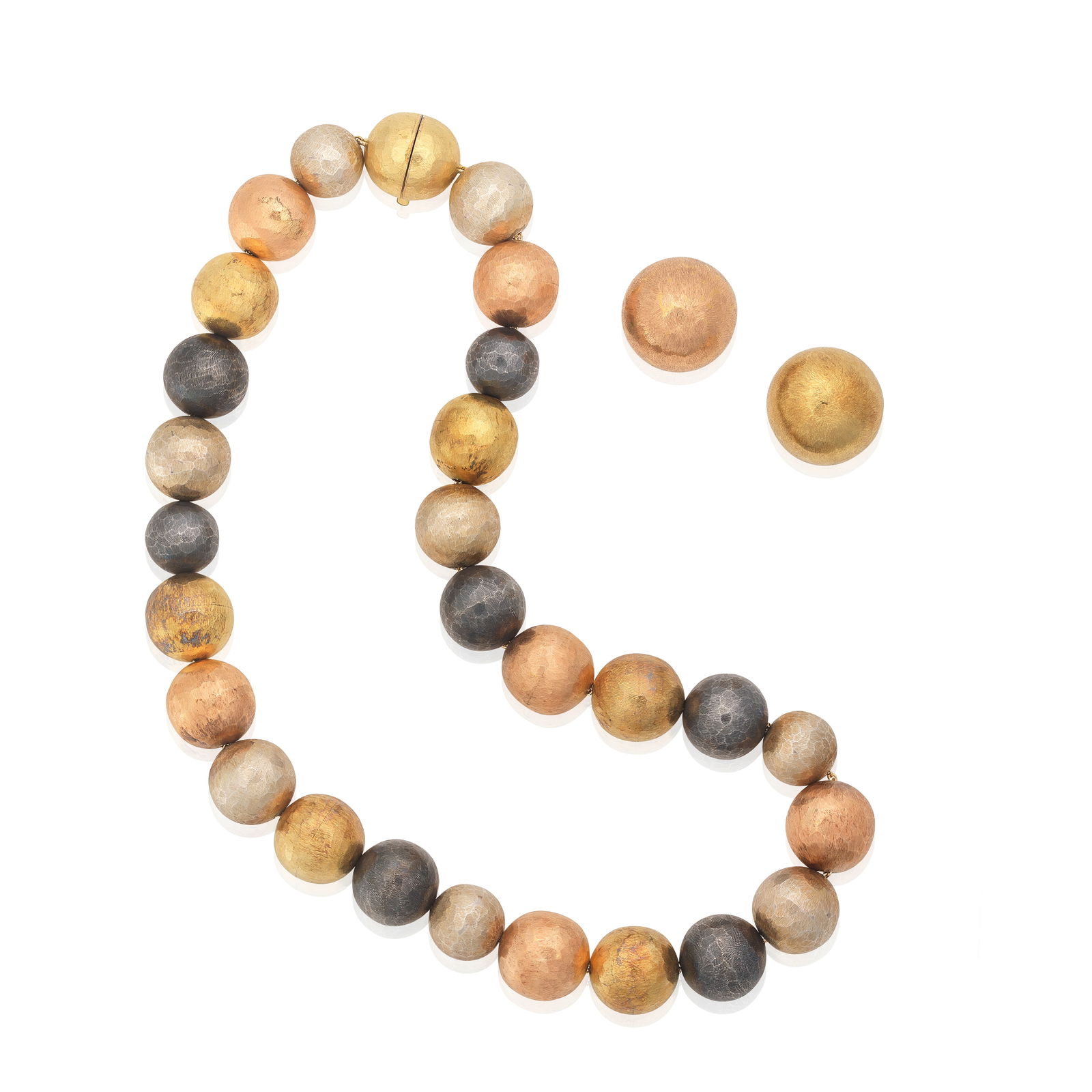 GRIMA: VARI-COLOURED BEAD NECKLACE AND EARRING SUITE, CIRCA 1988 (2): GRIMA: VARI-COLOURED BEAD NECKLACE AND EARRING SUITE, CIRCA 1988 The textured rose, yellow, white and black beads in various metals, threaded on cable-linking, with bicoloured earrings en suite, signe