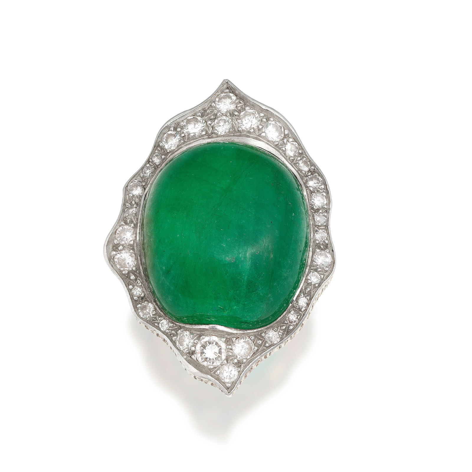 GRIMA: EMERALD AND DIAMOND RING: GRIMA: EMERALD AND DIAMOND RING The cabochon emerald within a textured surround, pavé-set with brilliant-cut diamonds, signed Grima, ring size J (hoop off round)