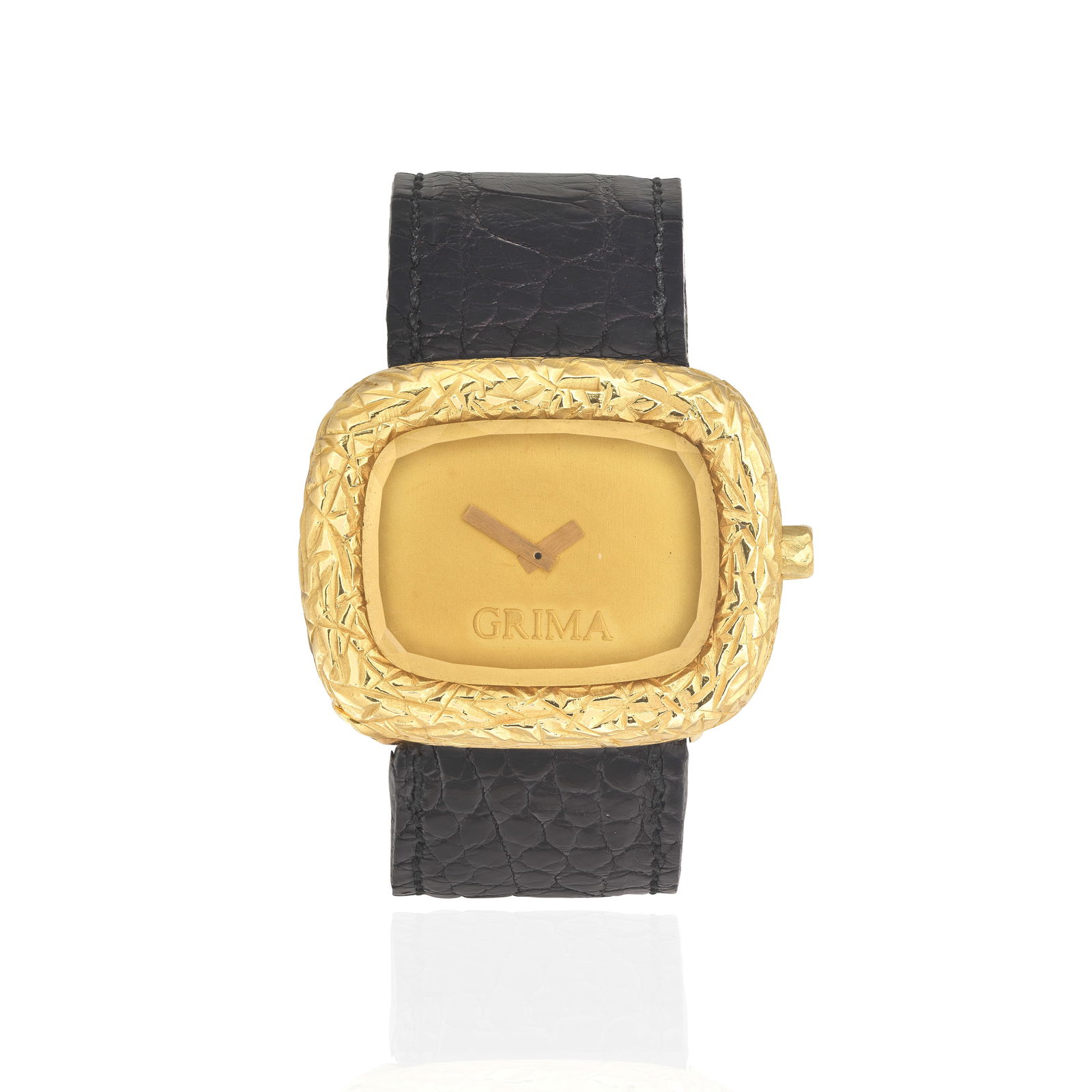GRIMA: GOLD AND QUARTZ WRISTWATCH, 2003: GRIMA: GOLD AND QUARTZ WRISTWATCH, 2003 The textured case with a faceted quartz cover, mounted in 18 carat yellow gold, dial signed Grima, maker's mark AGLtd, London hallmark, length 18.0cm Footnotes: