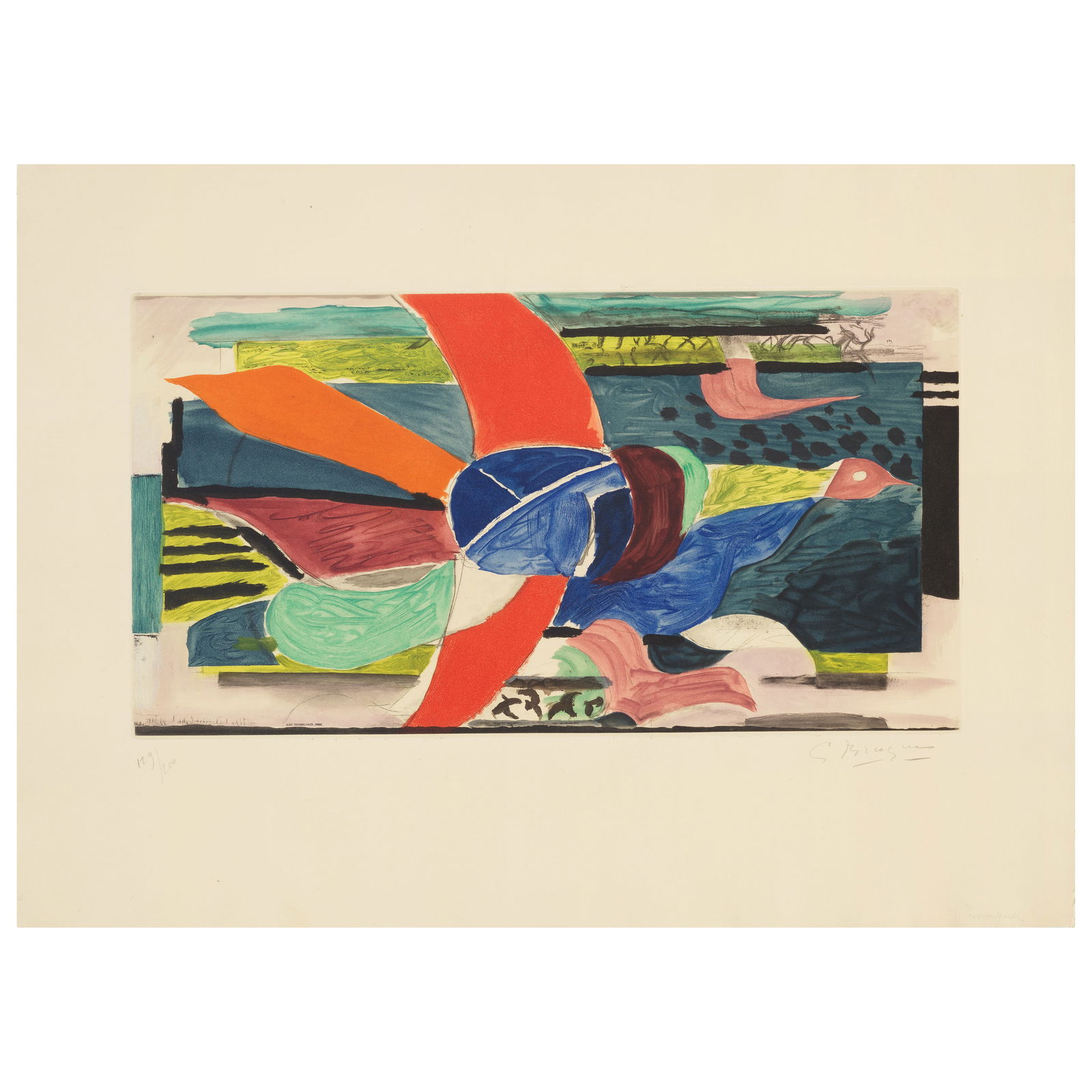 After Georges Braque (French, 1882-1963) L'Oiseau multicolore Aquatint in colours, circa 1950, o...: After Georges Braque (French, 1882-1963) L'Oiseau multicolore (see Vallier p. 294; Maeght 1020) Aquatint in colours, circa 1950, on BFK Rives wove paper, signed and numbered 129/200 in pencil, printed