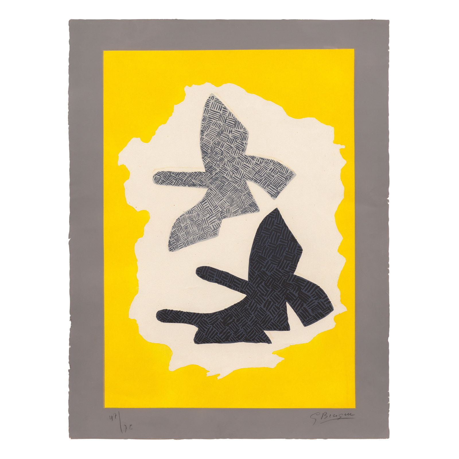 Georges Braque (French, 1882-1963) Les trois oiseaux en vol Etching and aquatint in colours, 196...: Georges Braque (French, 1882-1963) Les trois oiseaux en vol (Vallier 168) Etching and aquatint in colours, 1961, on Rives wove paper, signed and numbered 47/75 in pencil, printed and published by Maeg