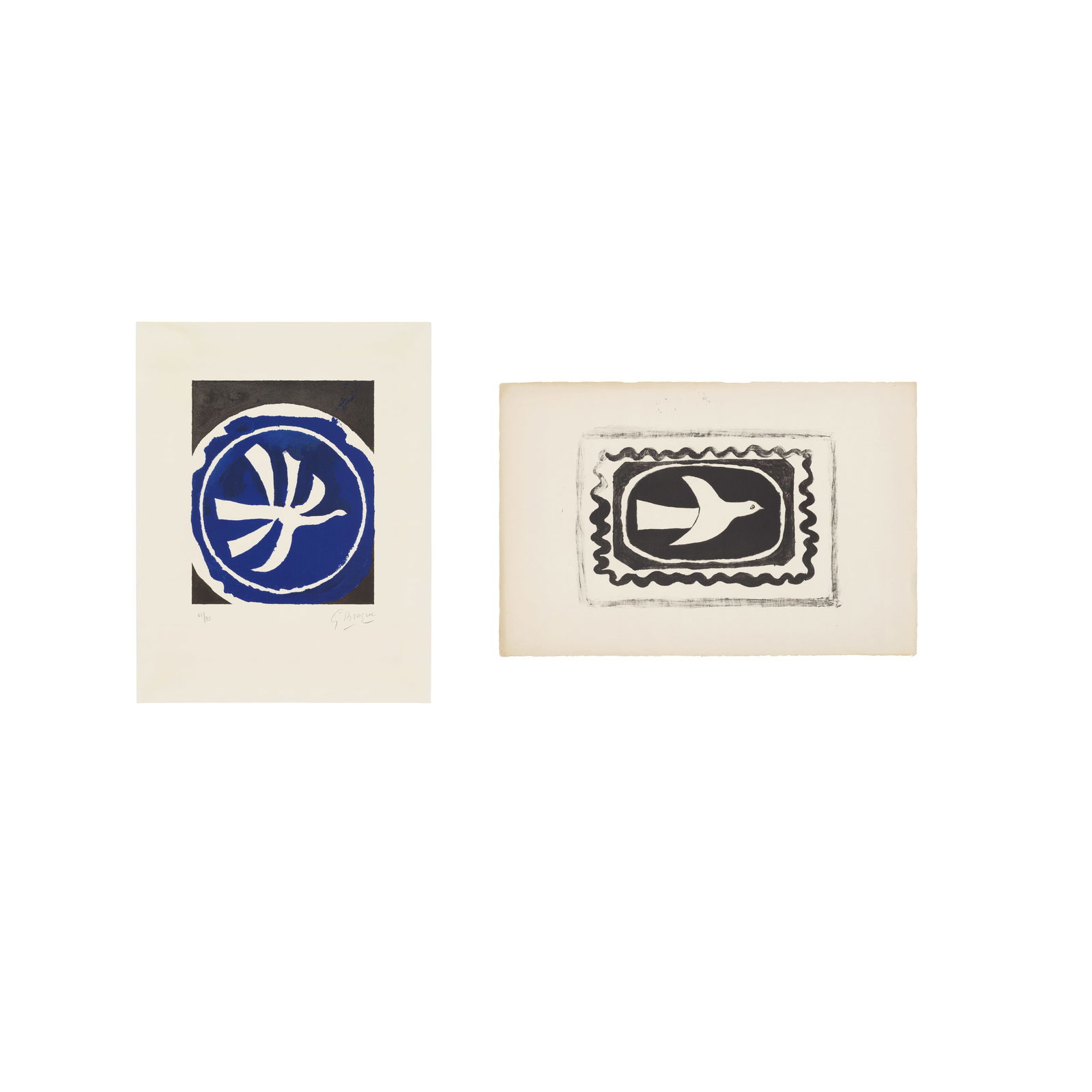 Georges Braque (French, 1882-1963) Oiseau verni; L'oiseau blanc Lithograph in black, 1954, on A...: Georges Braque (French, 1882-1963) Oiseau verni; L'oiseau blanc (Vallier 93; 159) Lithograph in black, 1954, on Arches wove paper, a proof without varnish aside from the signed and numbered edition of