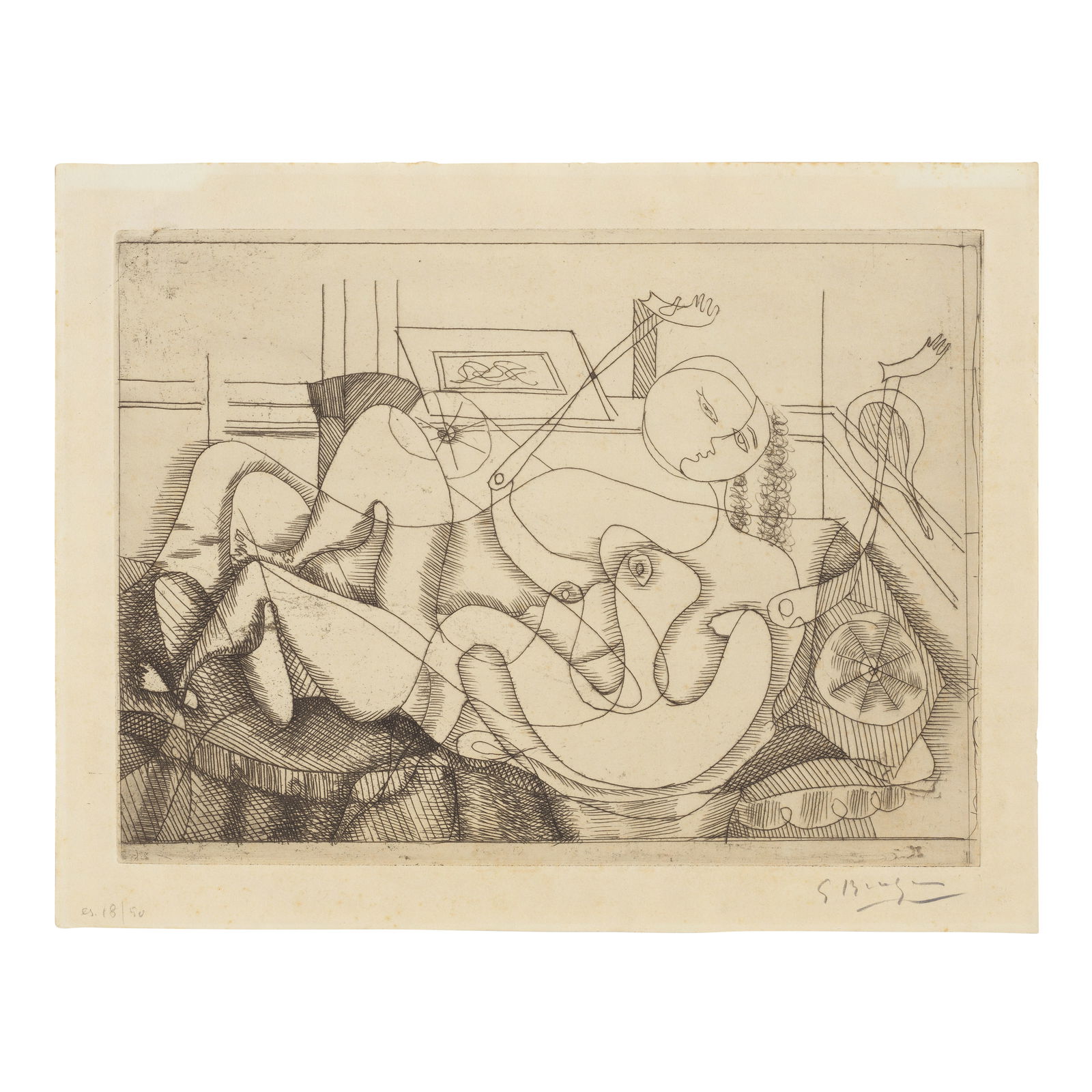 Georges Braque (French, 1882-1963) Nu allongé, from Georges Braque Etching, 1934, on BFK Ri...: Georges Braque (French, 1882-1963) Nu allongé, from Georges Braque (Vallier 25) Etching, 1934, on BFK Rives wove paper, signed and numbered 18/50 in pencil, published by Chronique du jour, Paris,
