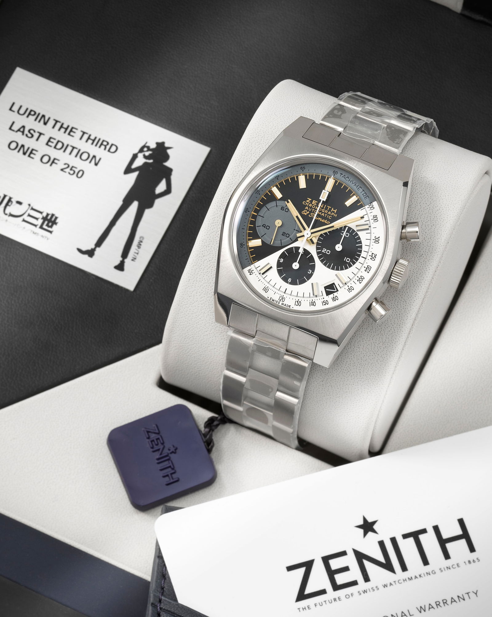 Zenith. A rare and unusual Limited Edition titanium automatic calendar chronograph bracelet watc...: Zenith. A rare and unusual Limited Edition titanium automatic calendar chronograph bracelet watch Model: Chronomaster Revival, Lupin the Third, One of 250, Final Edition Reference: 95.L384.400/50.M384