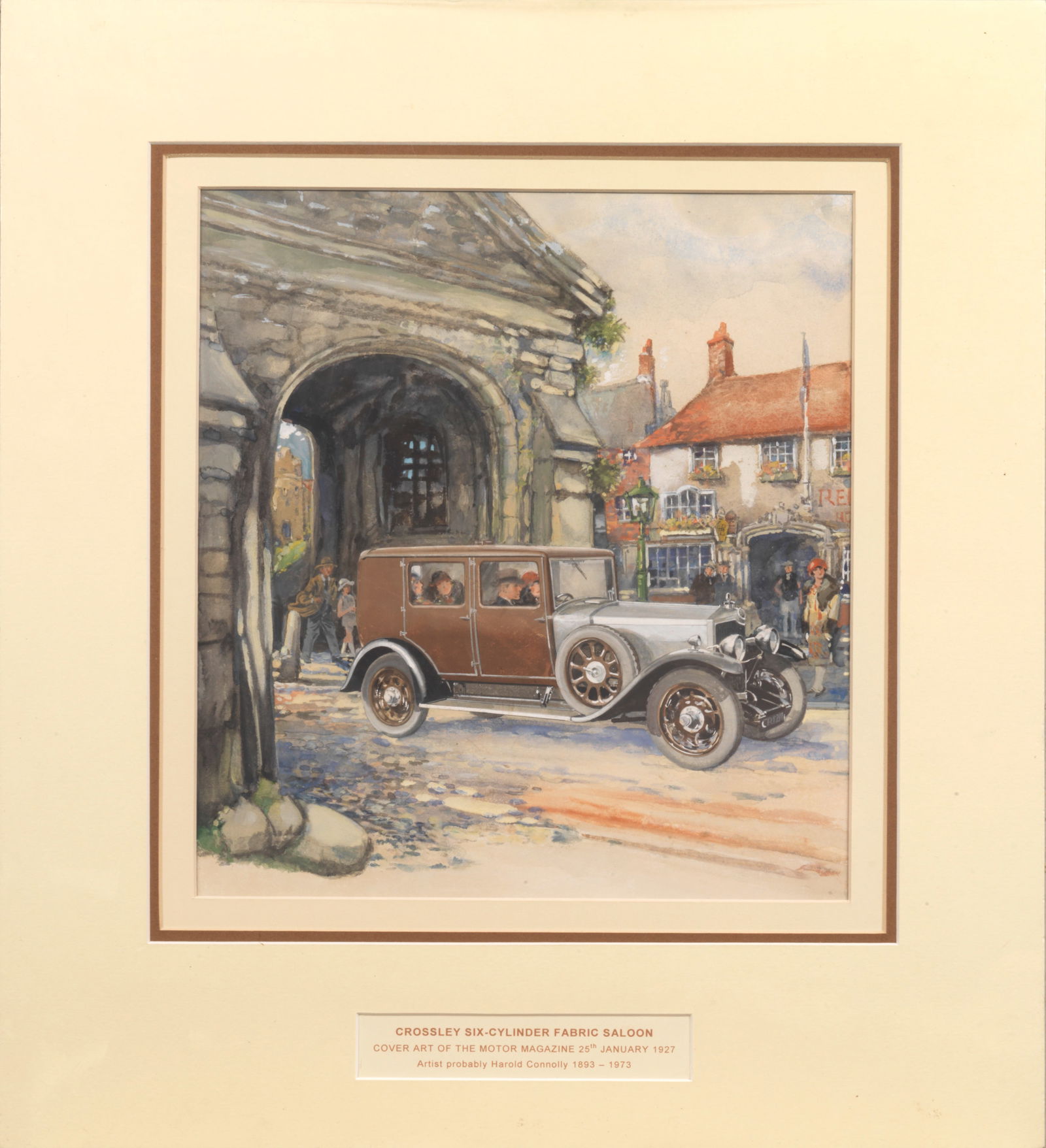 Believed Harold Connolly (British, 1893-1973), 'Crossley Six-Cylinder Fabric Saloon', an origina...: Believed Harold Connolly (British, 1893-1973), 'Crossley Six-Cylinder Fabric Saloon', an original cover artwork for The Motor, 1927, unsigned but believed by the hand of Harold Connolly, watercolour a