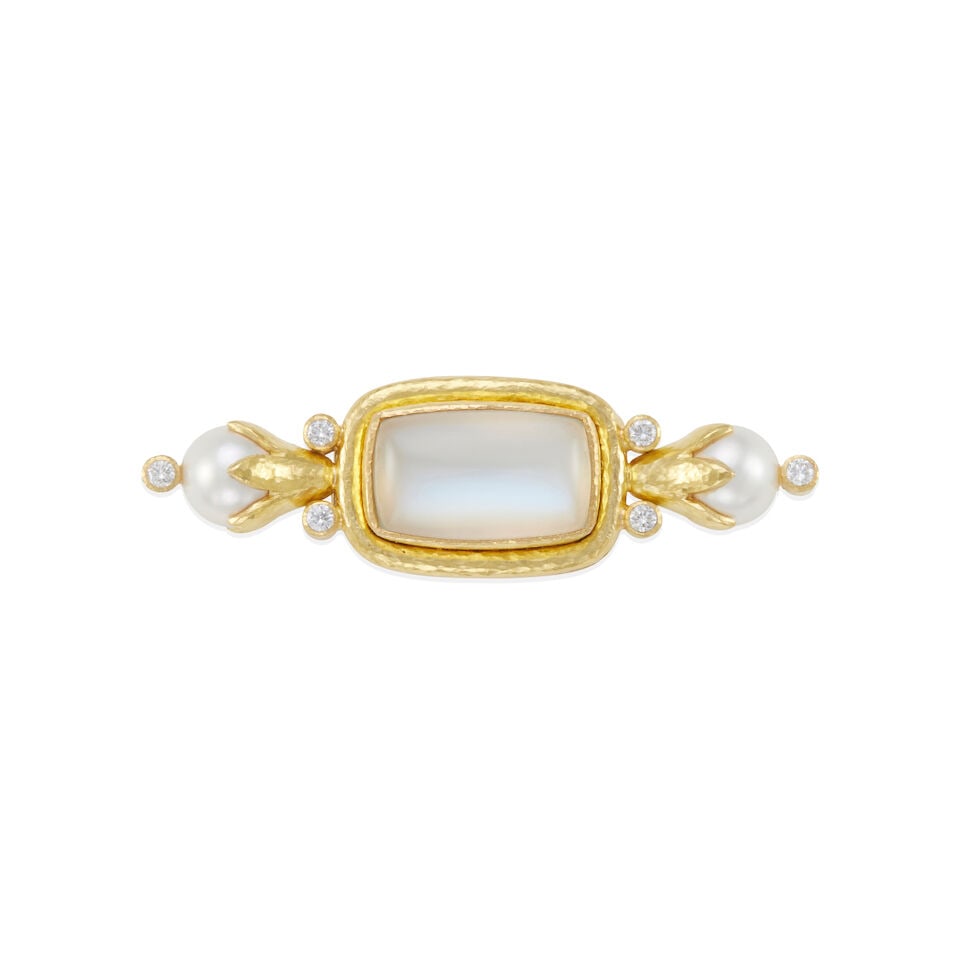 ELIZABETH LOCKE: 18K GOLD, MOONSTONE DOUBLET, CULTURED PEARL AND DIAMOND BROOCH: ELIZABETH LOCKE: 18K GOLD, MOONSTONE DOUBLET, CULTURED PEARL AND DIAMOND BROOCH • 18k yellow gold • 1 cushion shaped moonstone and mother-of-pearl doublet measuring 20.70 x 12.15 x 3.65 mm