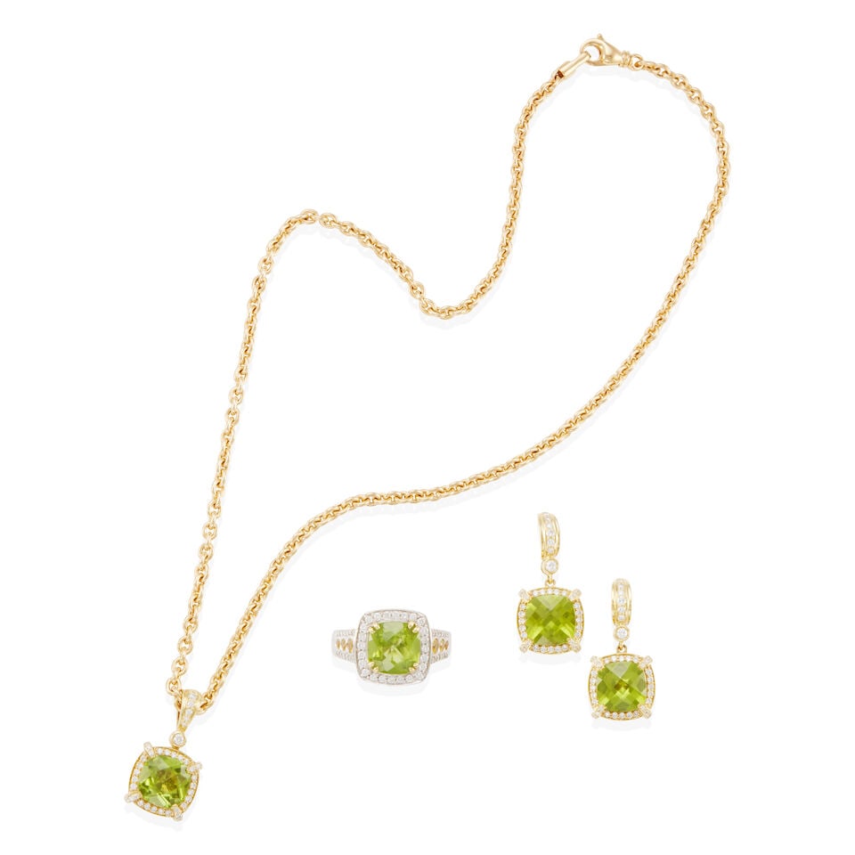 CHARLES KRYPELL: 18K BICOLOR GOLD, PERIDOT, DIAMOND AND YELLOW SAPPHIRE SUITE: CHARLES KRYPELL: 18K BICOLOR GOLD, PERIDOT, DIAMOND AND YELLOW SAPPHIRE SUITE • 18k yellow and white gold • 1 pair of earrings with 2 square cushion peridots weighing approximately 9.20 -