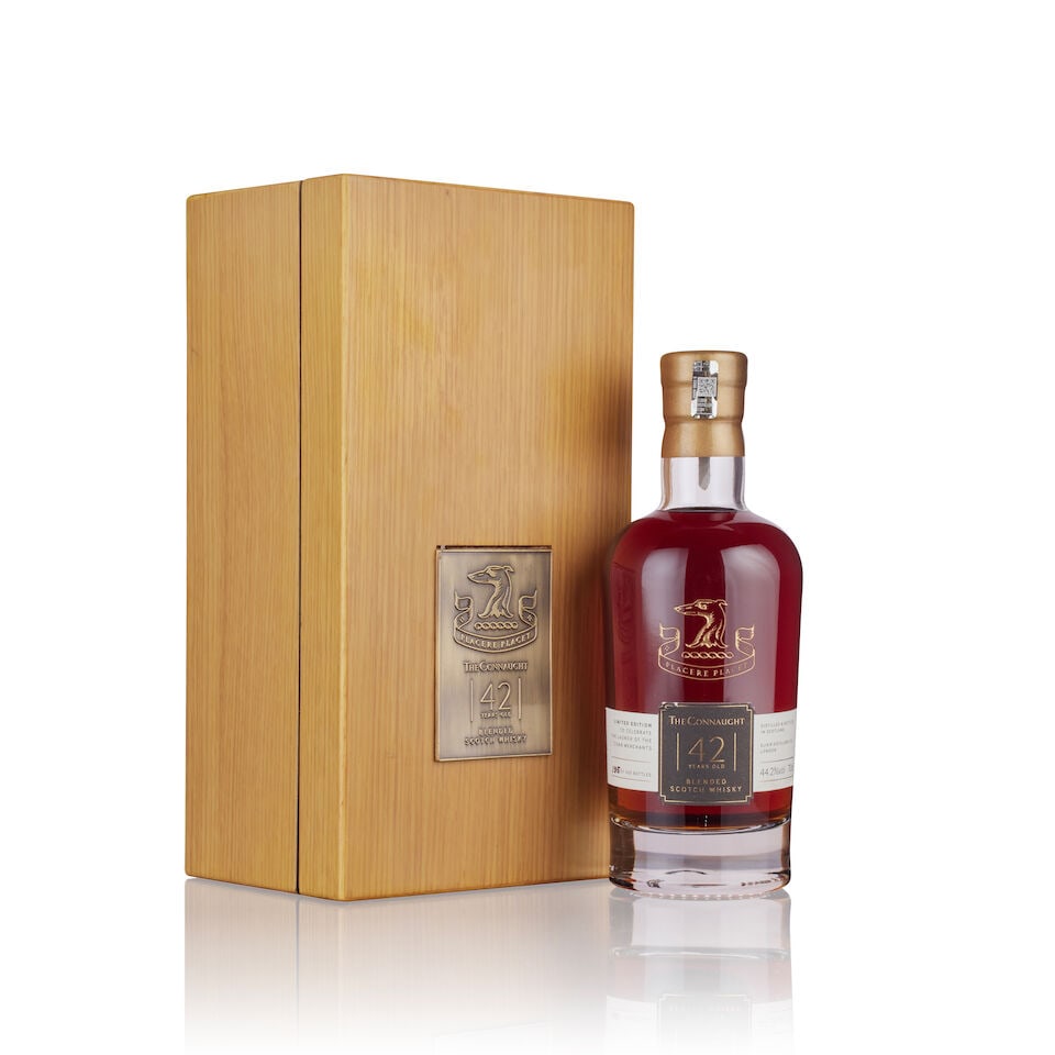 The Connaught 42 Year Old (1x 70cl): The Connaught 42 Year Old (1x 70cl) Region: Blended, Scotch Whisky Fill Level: filled to 70cl Capsule: wax capsule, good condition Label: good labelling Packaging: in original wooden presentation box