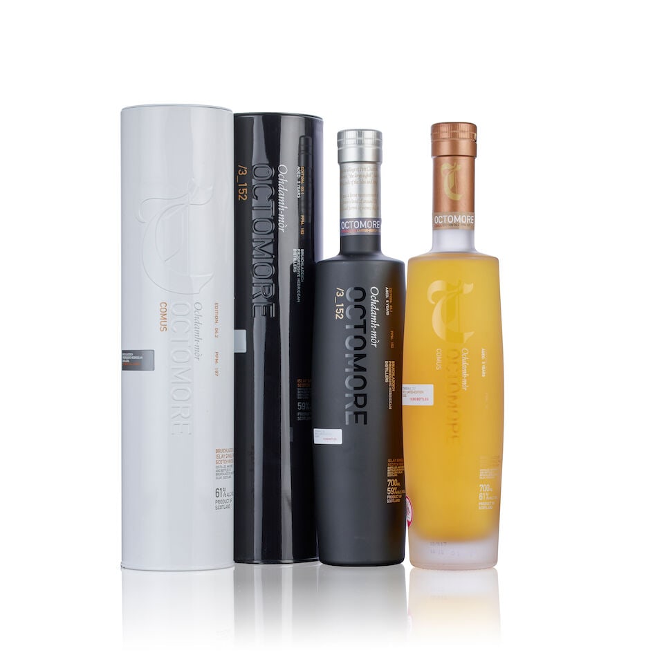 Octomore Comus 04.2 5 year old (1x 70cl) Octomore Ochdamh-mor 03.1 5 Year Old (1x 70cl): Octomore Comus 04.2 5 year old (1x 70cl) Region: Islay, single malt Fill Level: filled to 70cl Label: good labelling Packaging: in original carton Alcohol content: 61% ABV Notes: Limited edition relea