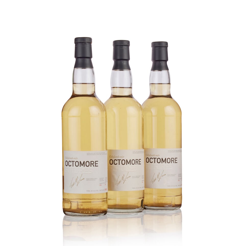 Octomore Futures , 2002 (3x 70cl): Octomore Futures , 2002 (3x 70cl) Region: Islay, single malt Fill Level: into neck Capsule: good condition Label: good labelling Packaging: no box Alcohol content: 46% Notes: Bottle No. 5650, 5609 &